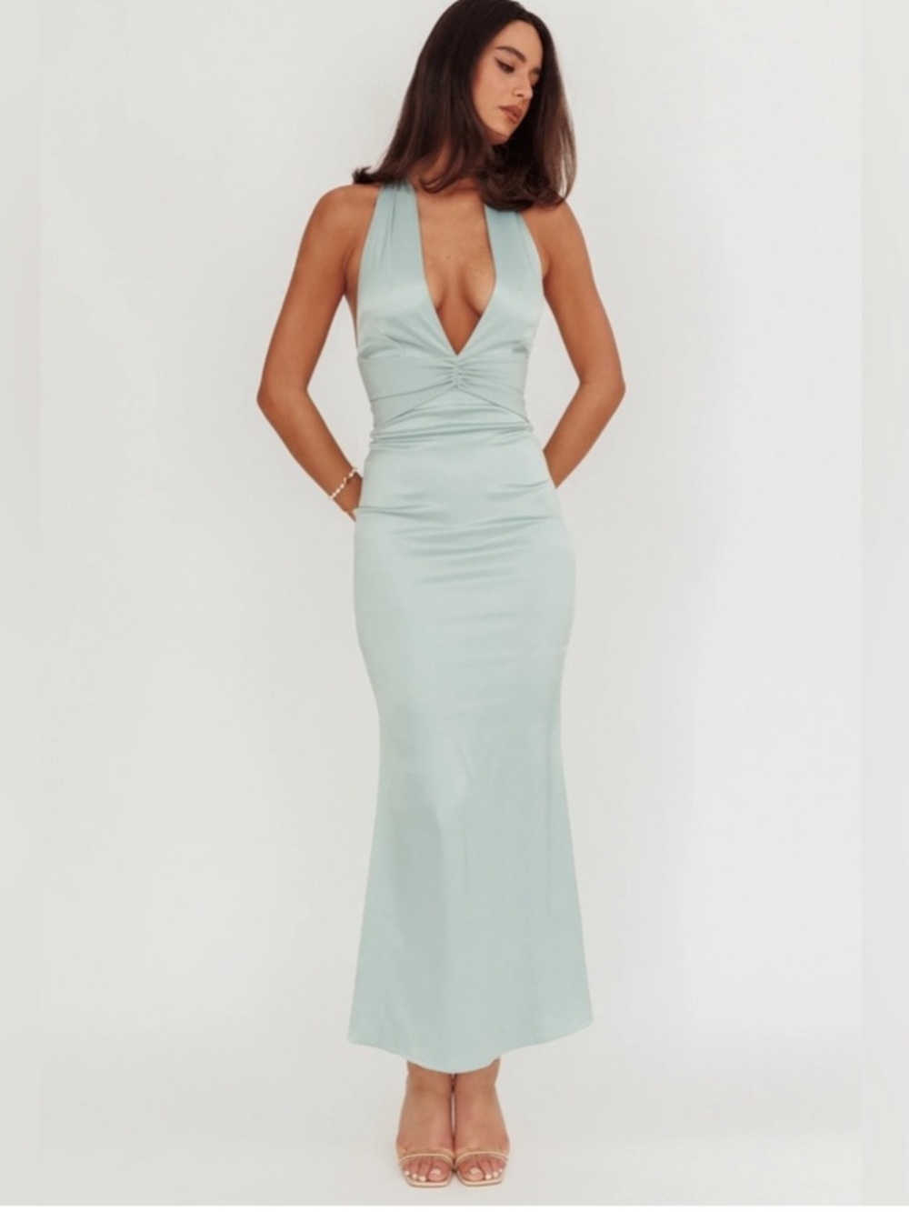 Selfie Leslie Italia Azure Pleat Bodice Healterneck Maxi Dress Sage